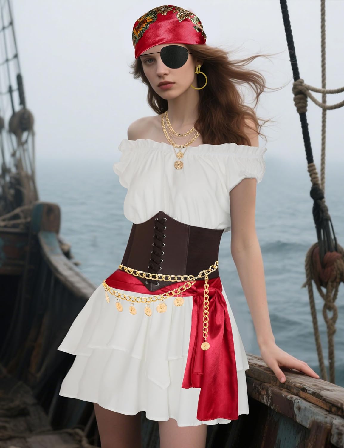 Pirate Costume Women Dress Corset Head Scarf Sash Chain Belt Necklace Eye Patch Party Outfit Pirate Accessories - Image 5