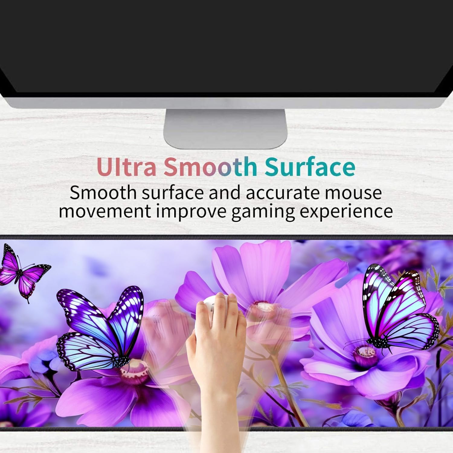 Desk Pad Mat Gaming Mouse Pads with Coasters, Stitched Edges Design Mouse Pad XXL Large Mouse Pad for Laptop Computers Purple Flowers and Butterflies Desk Writing Mat for Office & Home 35.4"x 15.7"