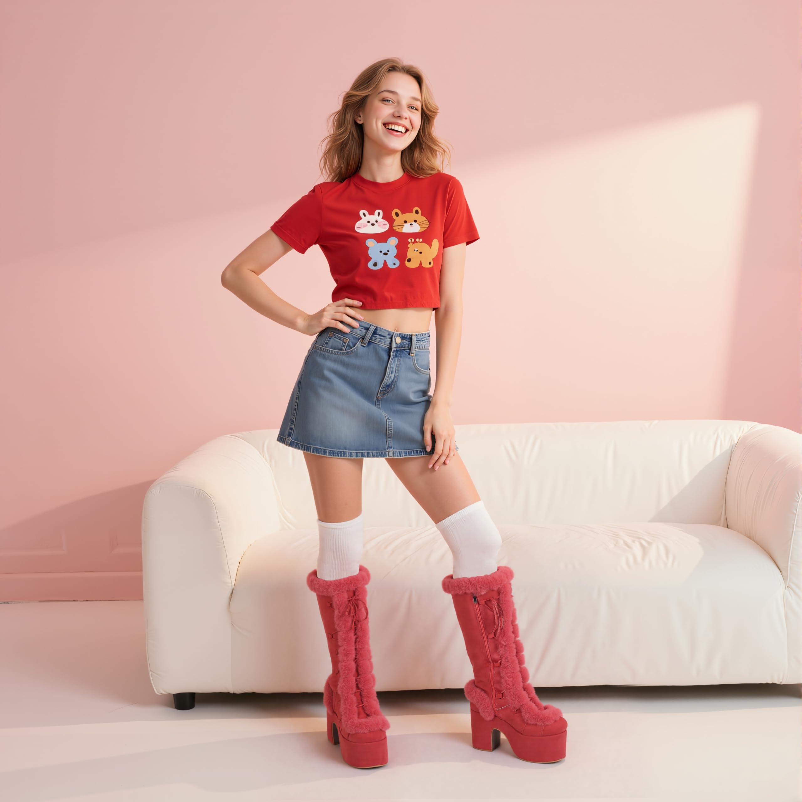 CELNEPHO Knee High Boots For Womens Side Zipper Warm Faux Fur Platform Chunky Heel Punk Goth Walking Winter Snow Boots: 5.5 Red