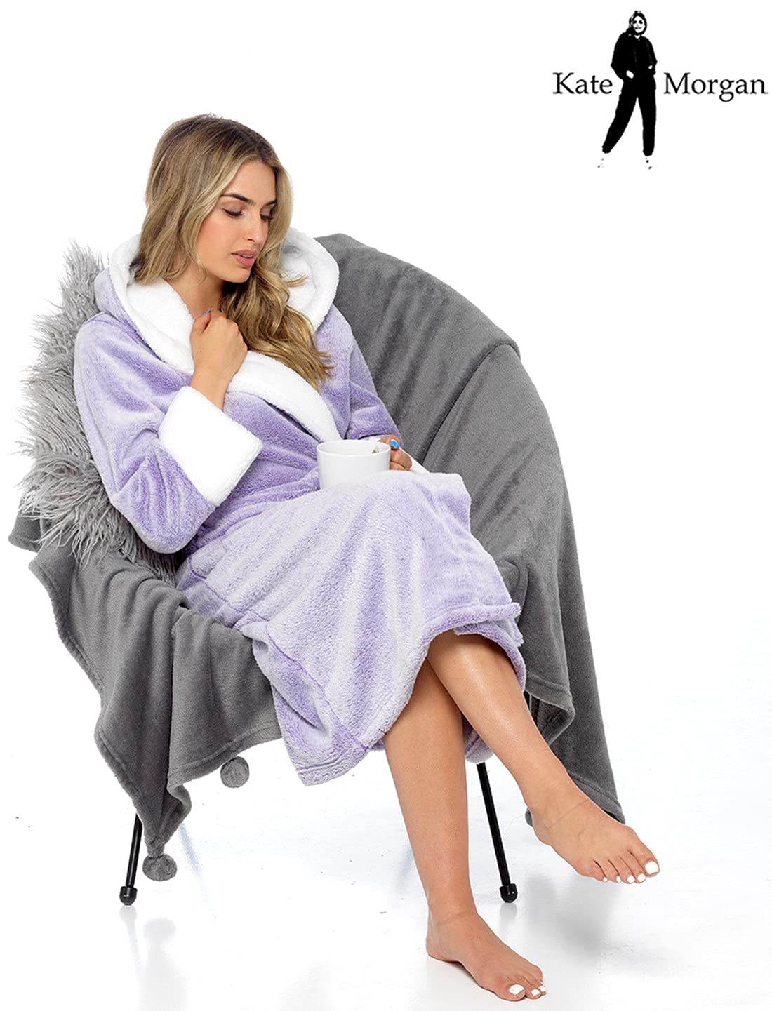 KATE MORGAN Ladies Dressing Gown Fluffy Super Soft Hooded Bathrobe for Women Plush Fleece Perfect Loungewear Long Robe | Gifts for Women — view 7