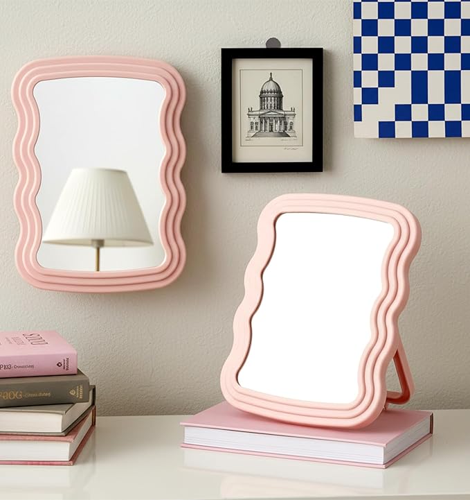 Espejo de escritorio 7.8 x 5.5 pulgadas rosa forma ondulada plegable portátil miniatura 5