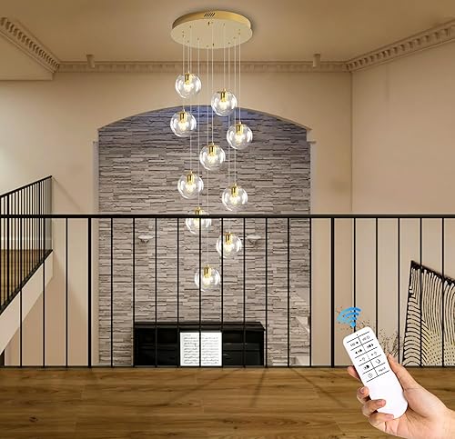 Miniatura 264 de Escalera LED de 10 luces LED moderna con globo de cristal, lámpara colgante grande para techos altos, accesorios de iluminación de entrada, villas y