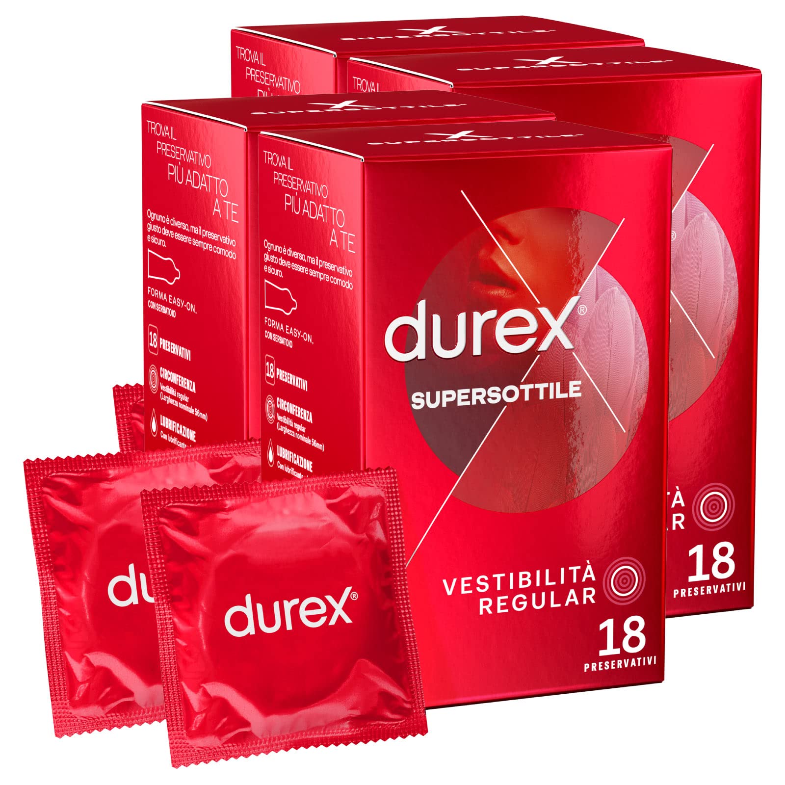 Durex Supersottile Preservativi Uomo in Lattice di Gomma Naturale Trasparenti e Lubrificati Forma Easy-On con Serbatoio Vestibilità Regular Spessore Sottile - 4 Confezioni da 18 Profilattici