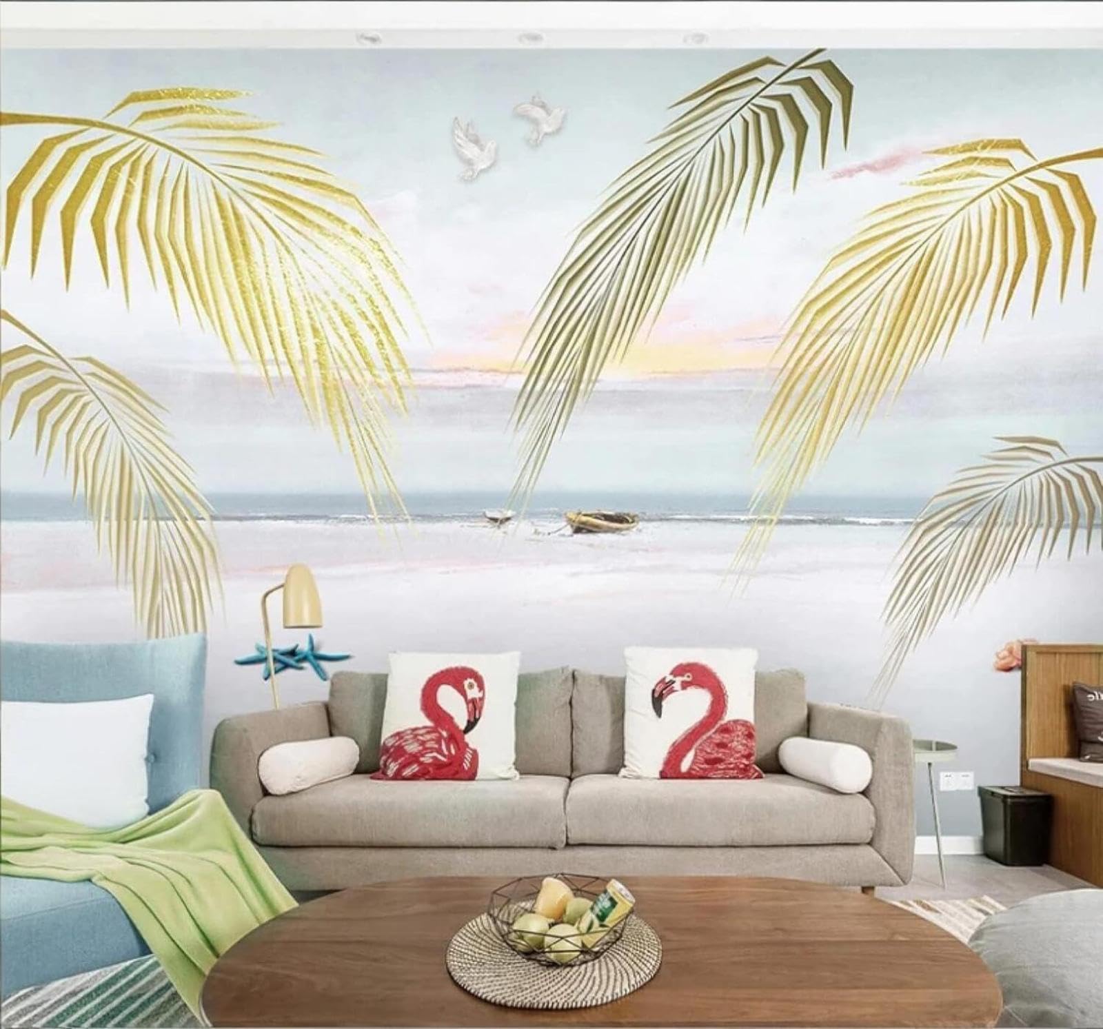 XLMING Picturesque Sea Beach Plants Palm Leaves 3D Wallpaper Luxury Silk Study Dining Feature Sofa Grey Bedroom Living Room Tv Decorative Wall-350cm×256cm