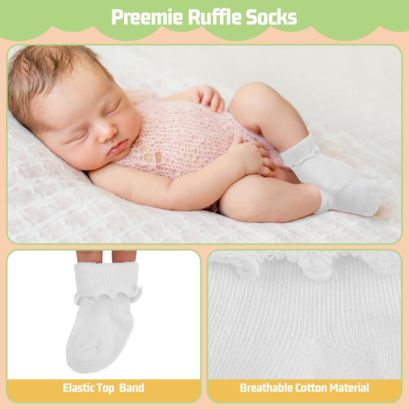 Toulite 12 Paar Preemie Socken Mädchen und Jungen Frühchen Rüschen Socken Preemie Turn Cuff Baumwollsocken Krankenhaus Nicu
