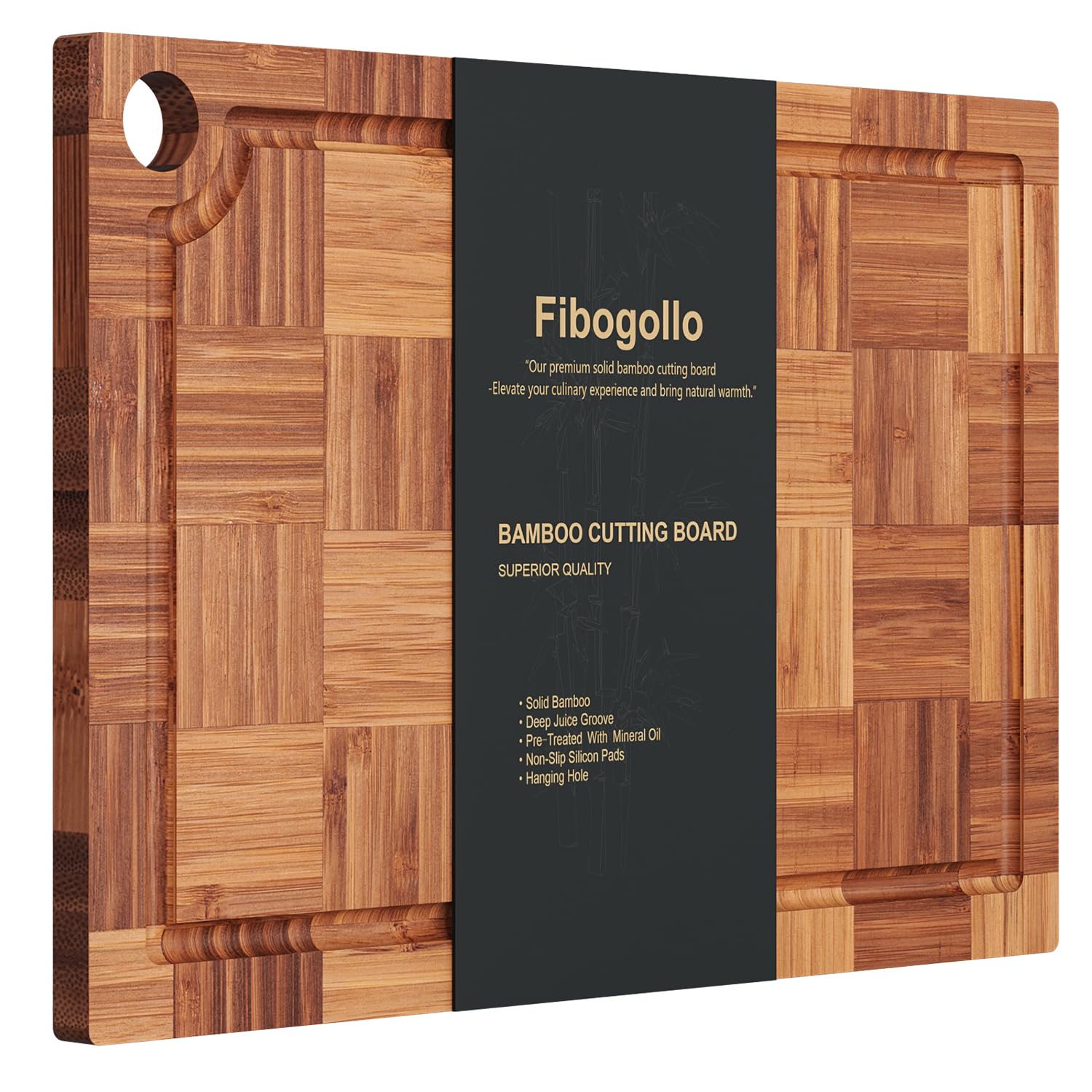 Fibogollo Bamboo Cutting Board Juice Groove End Grain Butcher Block