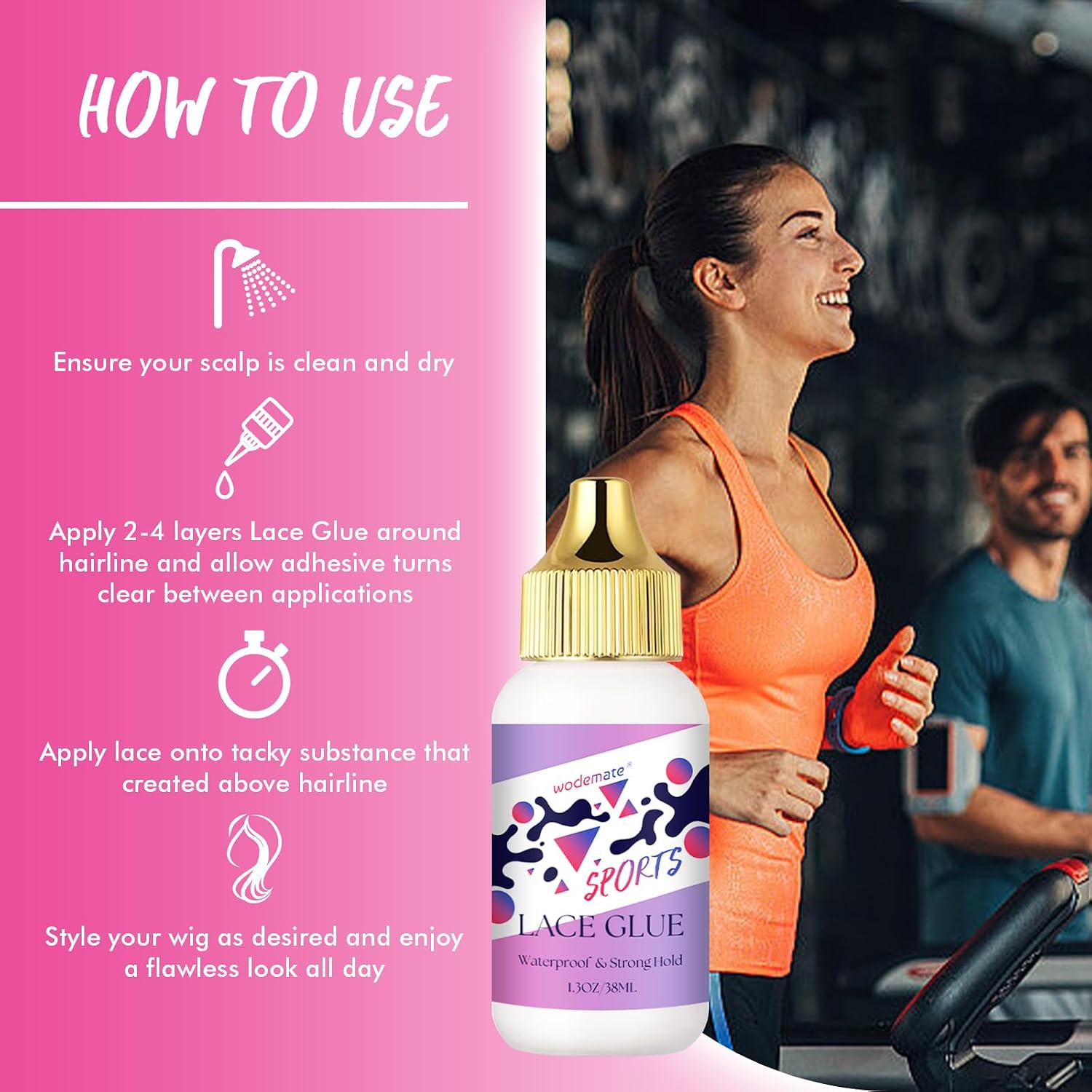 Strong Hold Lace Glue for Wigs Sports, Waterproof Wig Glue for Extreme Heat, Invisible Hair Bonding Adhesive for Poly & Lace Systems, Humidity Resistant, Non-Toxic, No Latex, 1.3 FlOz