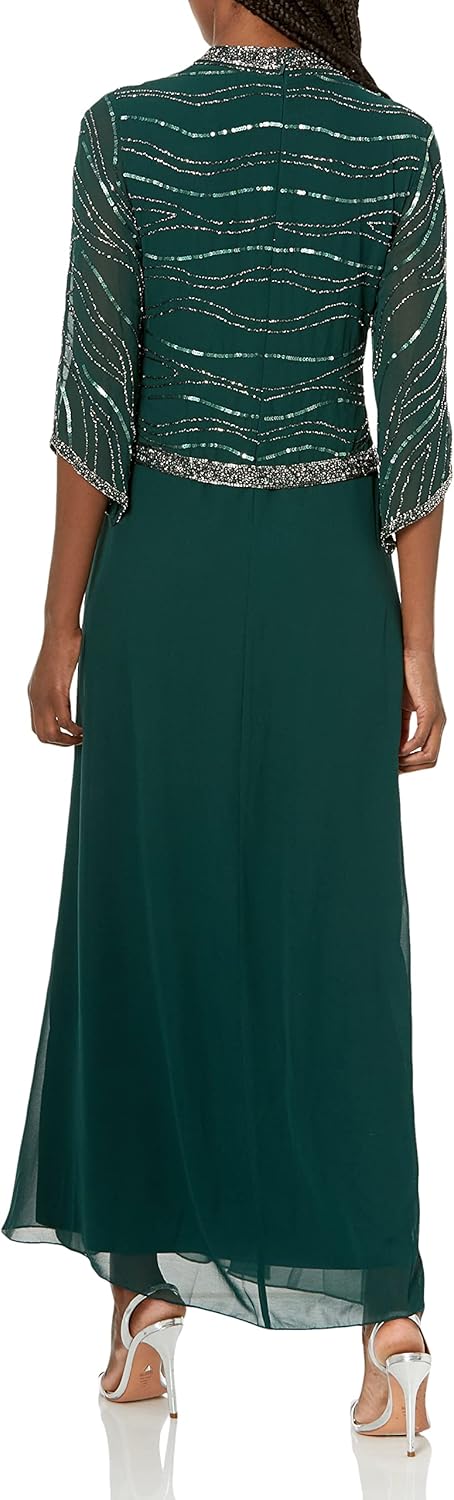 J Kara Women's Petite Long 3/4 Sleeve V-Neck Beaded Faux Wrap Dress