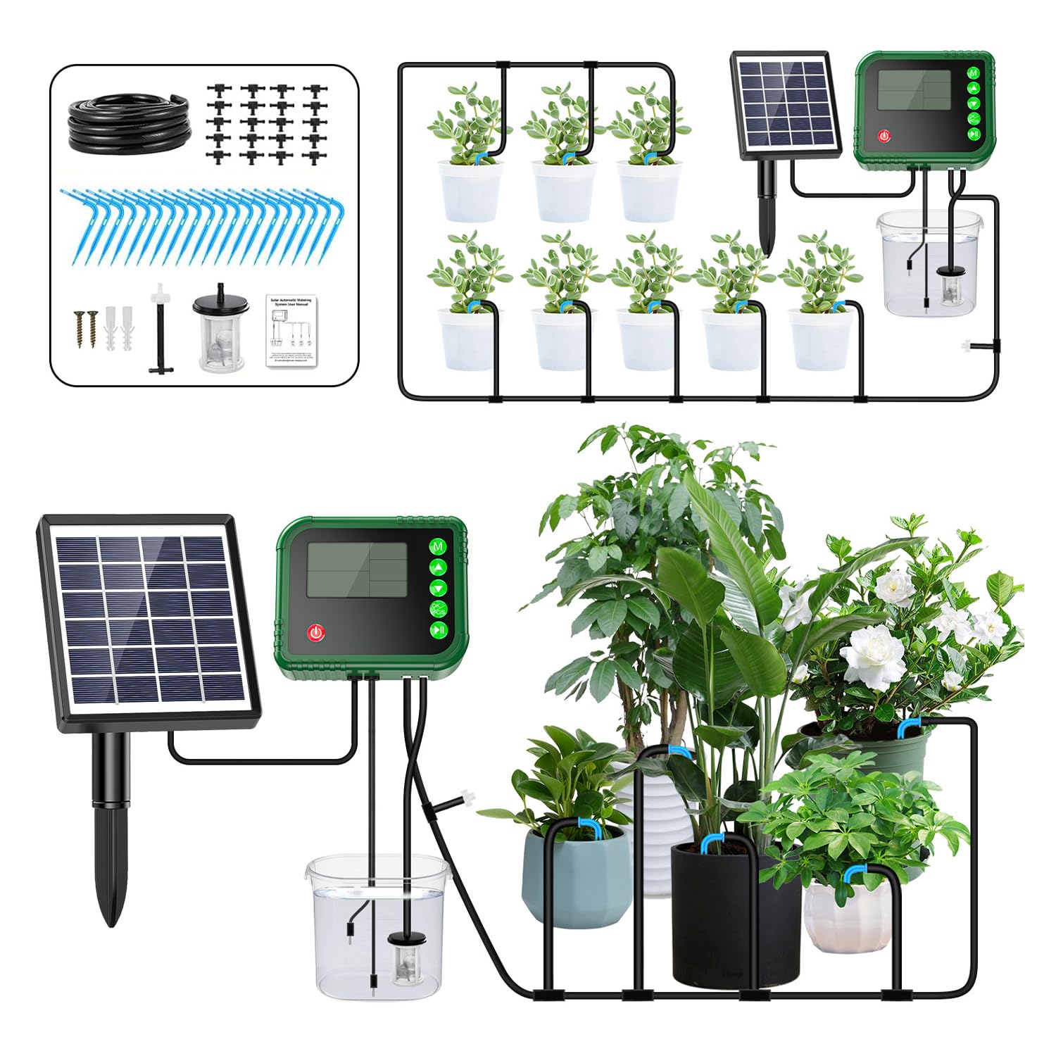 Solar Drip Irrigation System, Auto Watering Kit Irrigation System, 3W Solar-Powered Micro Drip Plant Watering, 400ml/min Flow for 15 Potted Outdoor Indoor Garden Balcony Vacation While Away (IC018)