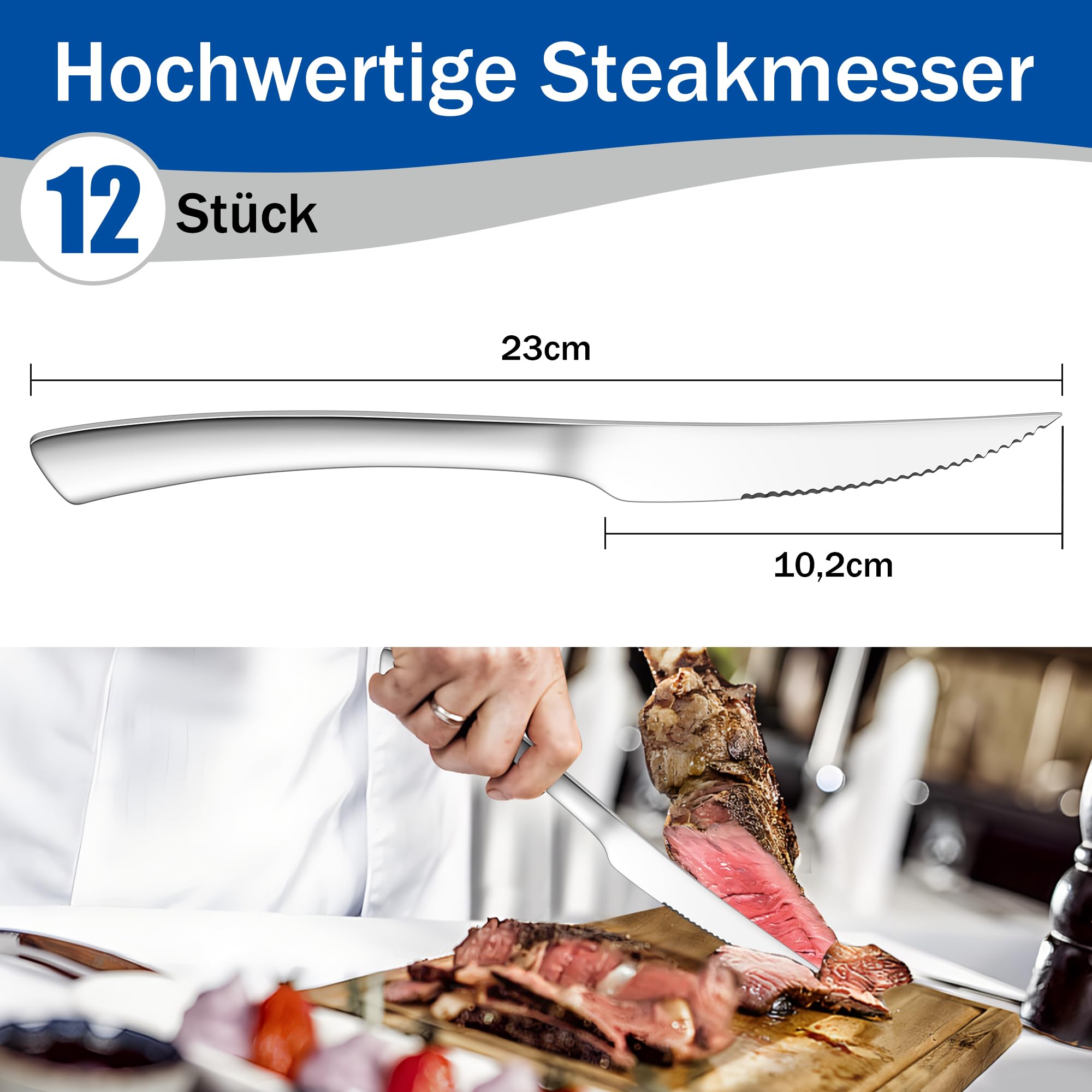 Joyfair Zestaw noży do steków, 12 sztuk, ze stali nierdzewnej, ze szlifem falistym, 23 cm, wysokiej jakości noże do pizzy, do domu/restauracji/hotelu, polerowane na wysoki połysk, nadają się do mycia