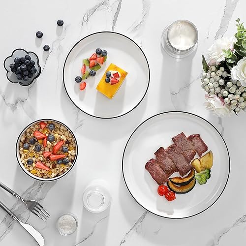 Miniatura 6 de MALACASA LUNA - Juego de platos y cuencos, 12 piezas de porcelana moderna para 4 platos de cocina blanca con borde negro, platos de cerámica aptos