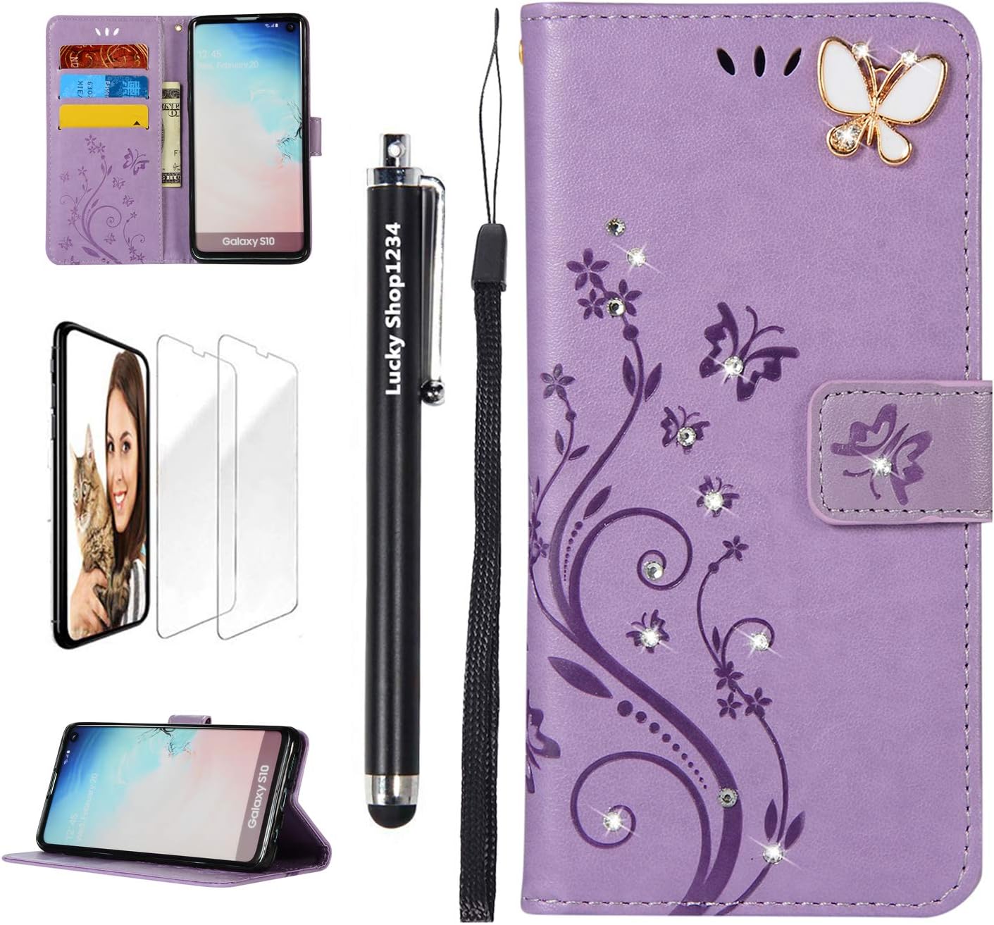 Galaxy A10 Wallet Case, Handmade 3D Bling Diamond Butterfly Flowers PU Leather Stand Flip Folio Phone Cover with Stylus Pen, Screen Protector, Card Holder & Hand Strap for Samsung Galaxy A10