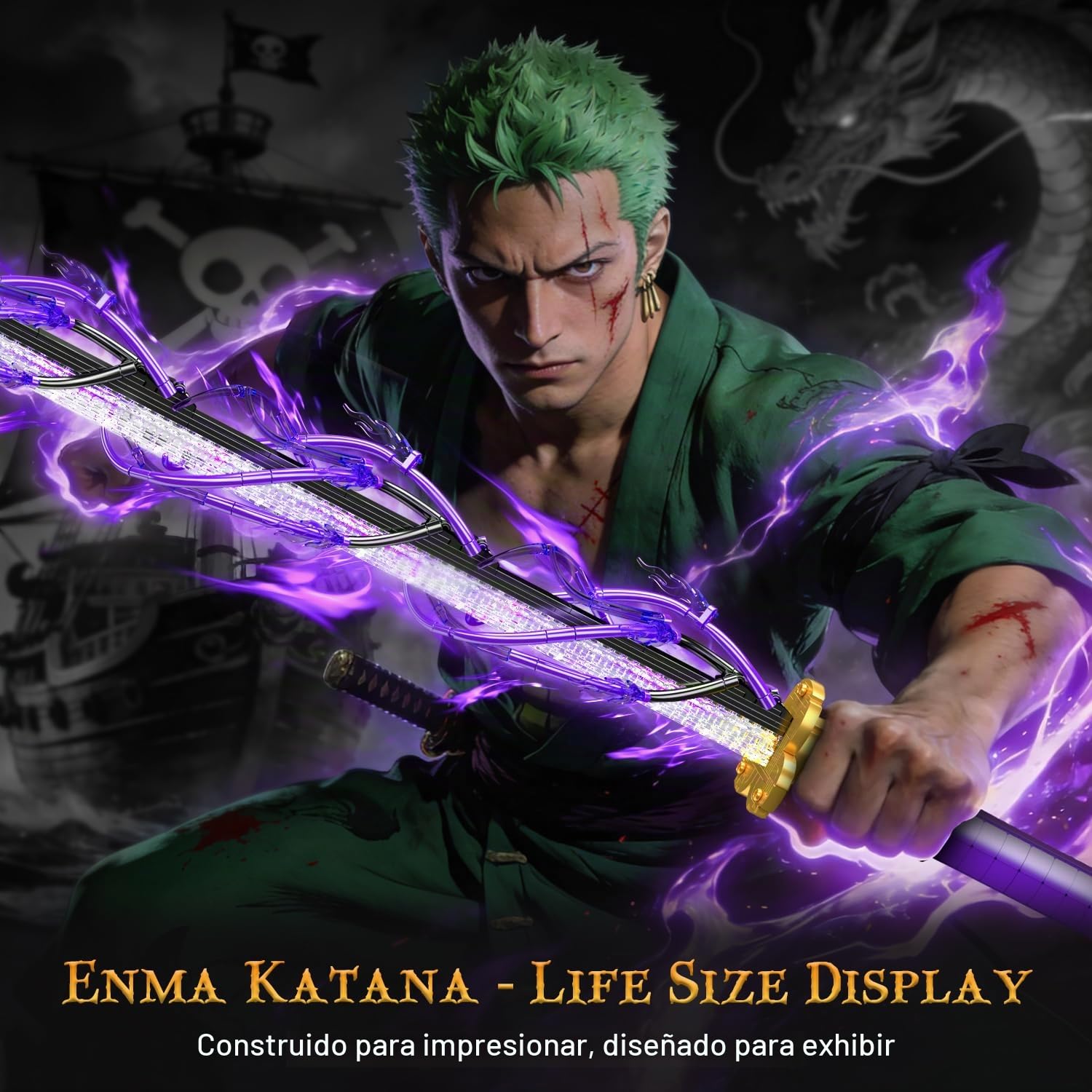 Mould King 10260 Espada Estilo Anime de Bloques de construcción con iluminación LED, Modelo de Sable Luminoso para Adultos, Espada Pirata-samurái de Cosplay con Funda y Base de exhibición