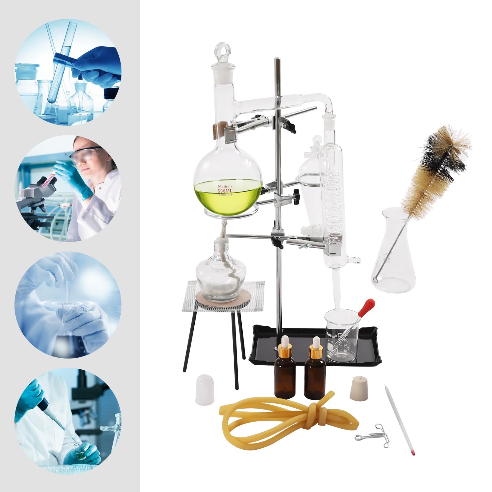 Set per distillazione per oli essenziali, dispositivo di distillazione in vetro borosilicato ad alta temperatura con fonte di calore, set di vetro da laboratorio da 500 ml per la produzione di oli