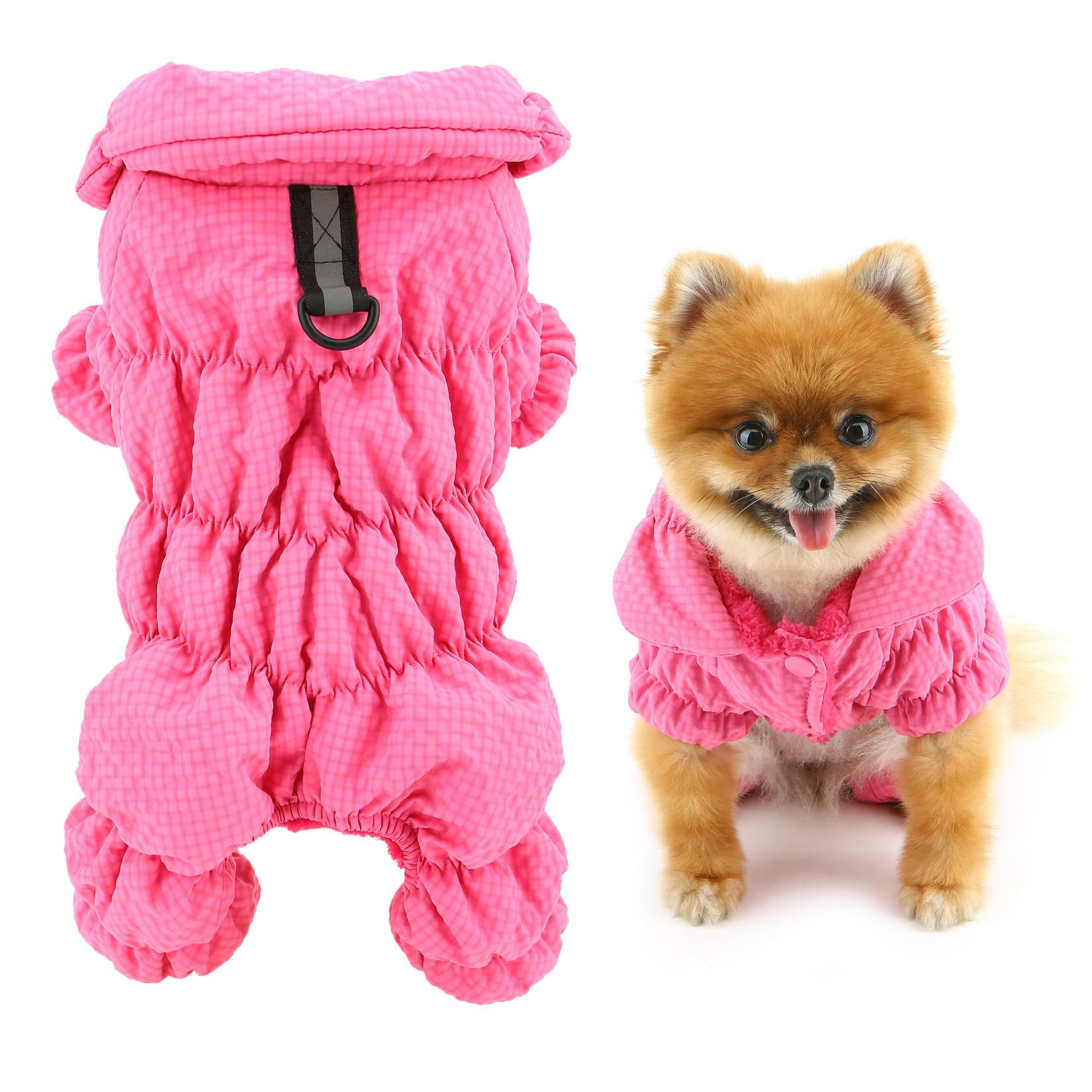 SMALLLEE_LUCKY_STORE Fleece Lined Pet Coat Waterproof Sport Winter Jacket with Harness D-ring for Small Dog Cat Reflective Jumpsuit Puppy Padded Chihuahua Yorkie Warm Clothes, Pink, L