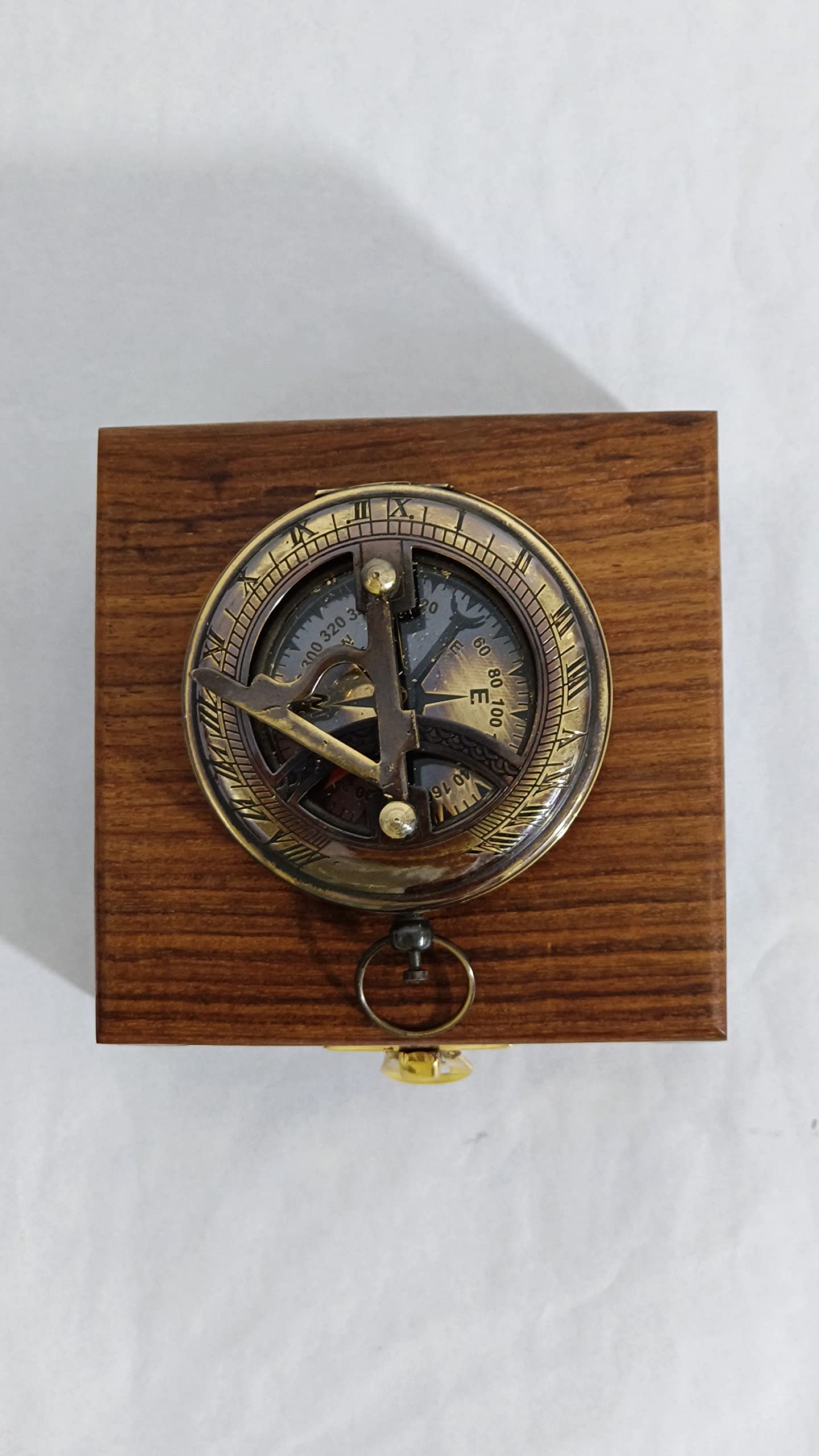 SOHRAB NAUTICALS 3" Antique Brass Sundial Compass Push Button with Wooden Box Sun Clock use Office Purpose and etc. Colour Gold Finish Weight 300 gm