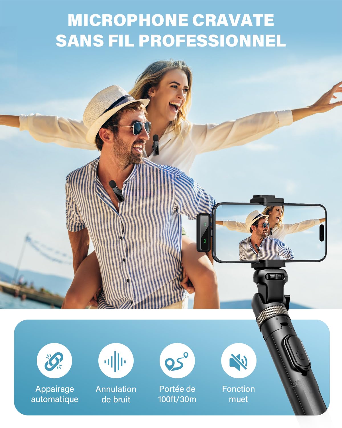 Microphone de Lavalier sans fil pour iPhone, iPad, appareils Android - Mini microphone à pince avec suppression du bruit, appairage automatique, sourdine et réverbération, idéal pour le Vlogging