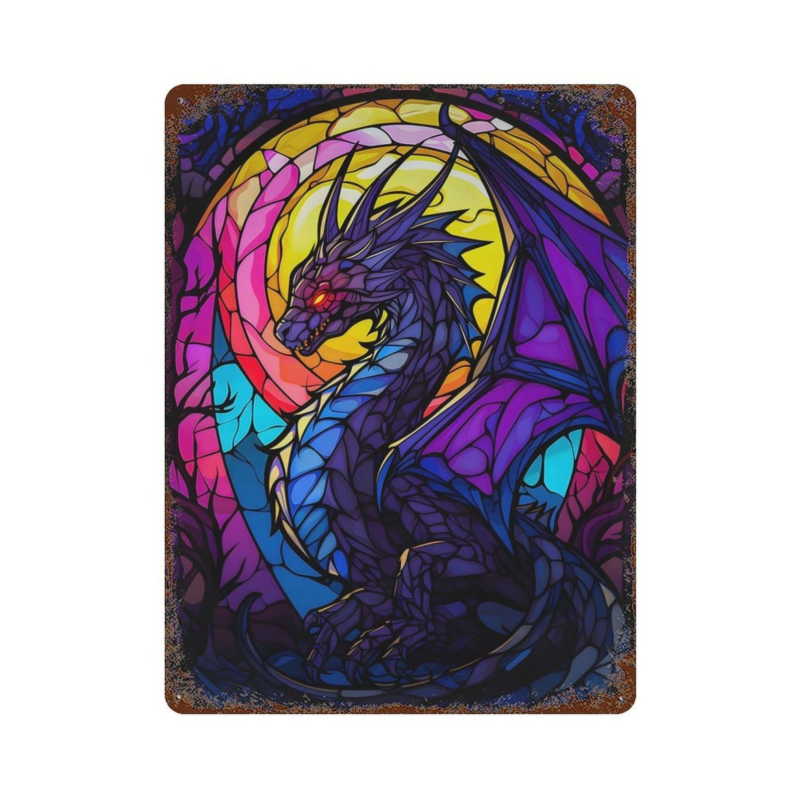 Distressed Metal Wall Sign with Abstract Skeleton Dragon Design 15.7"x11.8", for Living Room, Hallway And Home Decor, Vintage Wall Decor