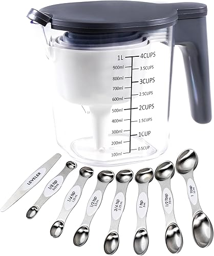Miniatura 85 de Juego de tazas y cucharas medidoras de 10 piezas, taza medidora apilable con tapa, juego de cucharas medidoras para cocinar y hornear, para líquidos