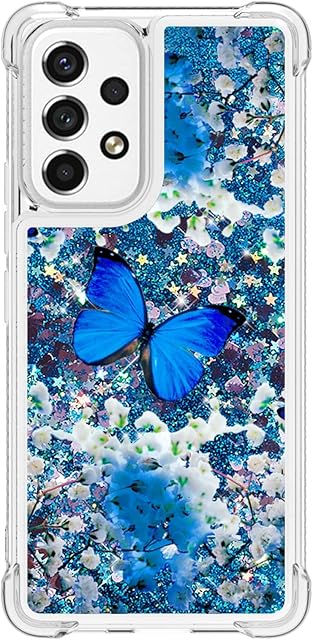 Samsung Galaxy A33 5G Case Glitter, 3D Quicksand Flowing Liquid Bling Sparkle Clear Transparent TPU Gel Silicone ShockProof Protective Phone Cover for Samsung A33 5G Case Girls, Blue Butterfly