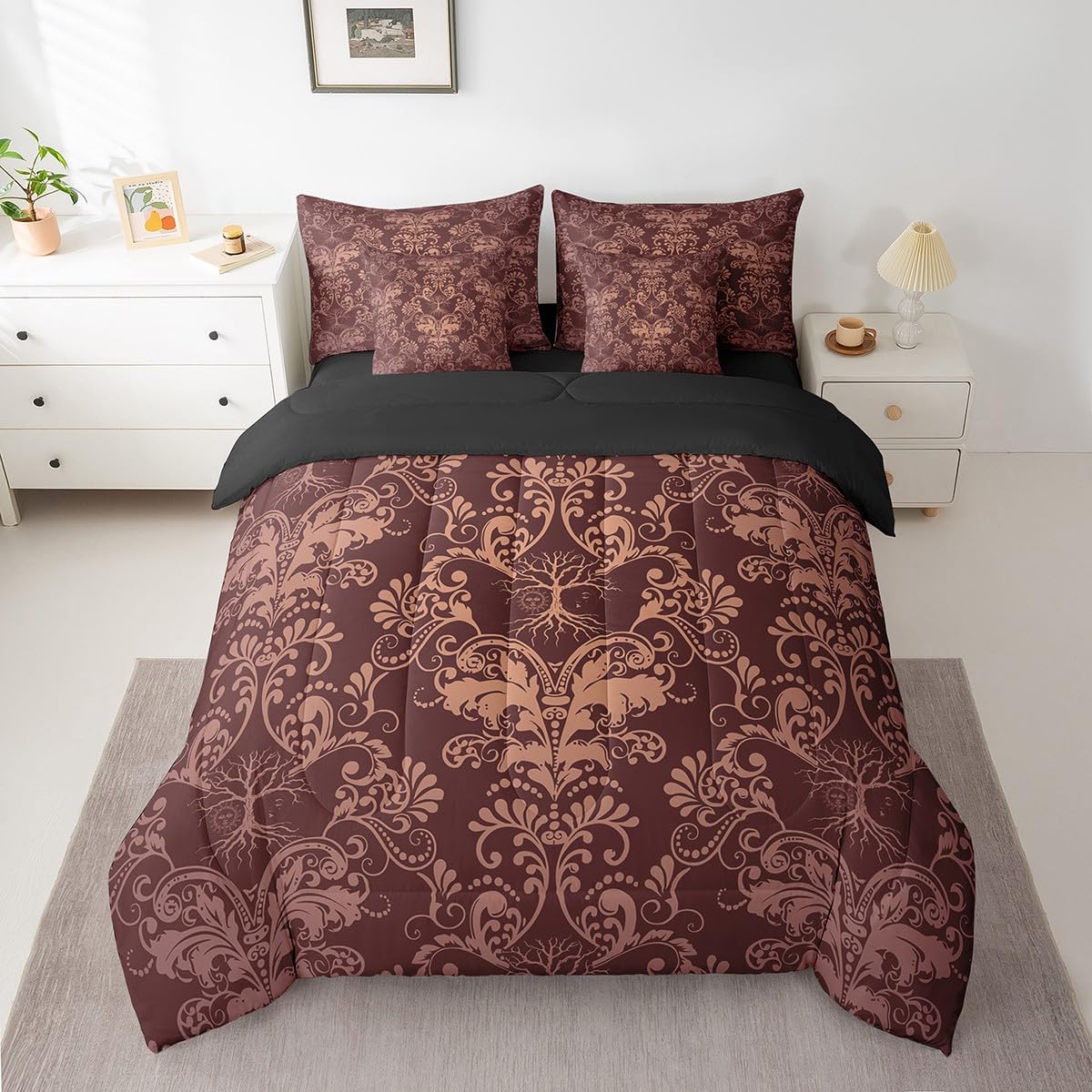 Erosebridal Gothic Damask Bed in a Bag Queen Comforter Set 7 Piece,Sun Moon Tree of Life Bedding Sets Brown Victorian Floral Goth Sheet Set with