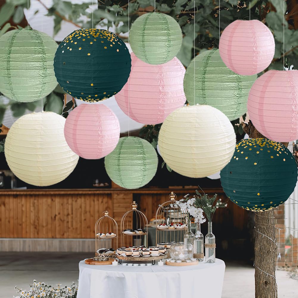 Papierlaternen Rosa Grün 12 Stück Lampions Salbeigrün Rosa Hängende Runde Papierlaternen für Salbeigrün Rosa Babyparty Geburtstag Hochzeit Brautparty Deko