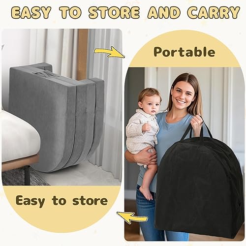 Miniatura 4 de Cama infantil de viaje, silla plegable portátil 3 en 1, tumbona de espuma suave con funda lavable, color gris