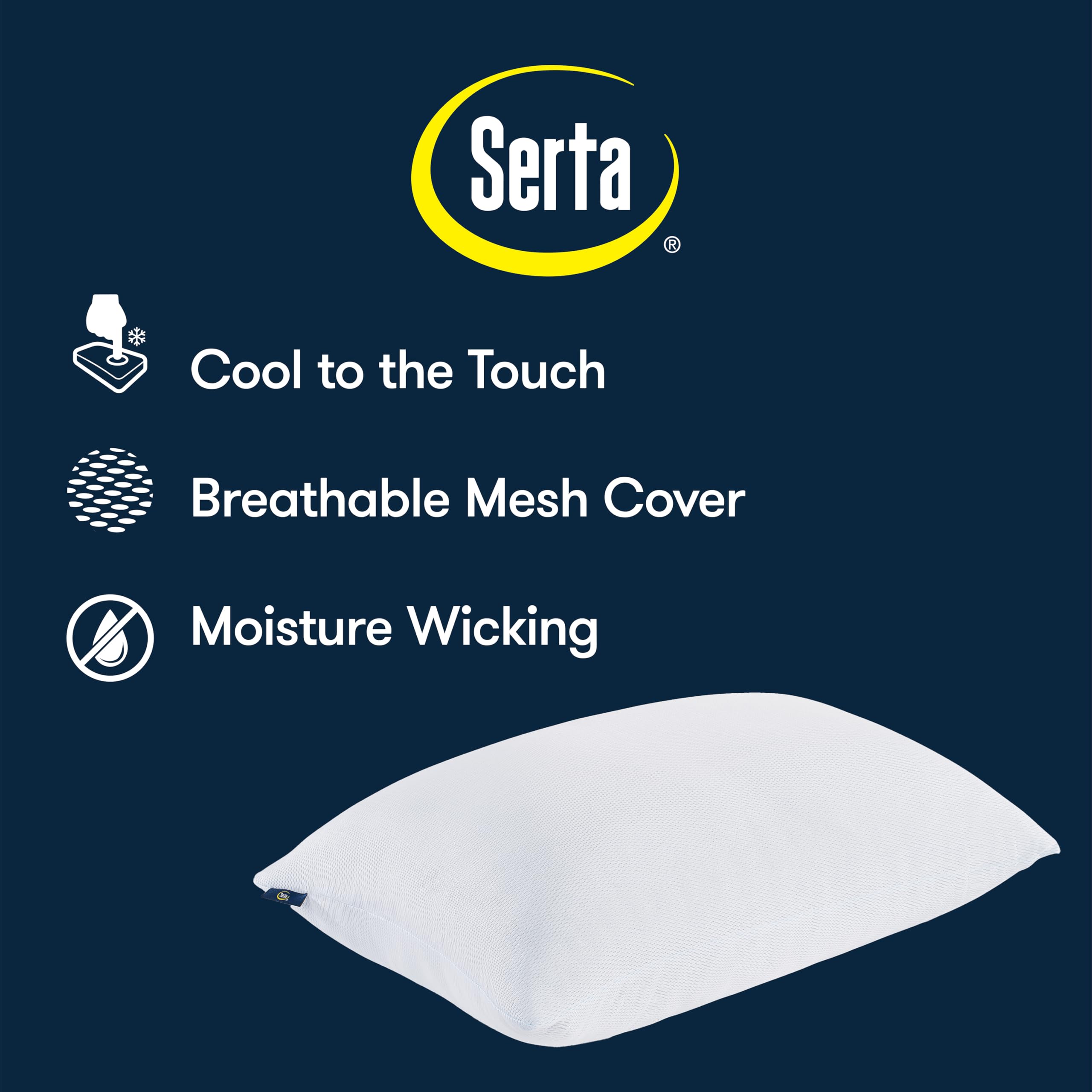 Serta Won't Go Flat Standard/Queen Size Set of 2 Down Alternative Cooling Bed Pillows, Extra Life Foam Core with Medium Support, Perfect for Back, Stomach Or Side Sleepers, Blue 2 Count
