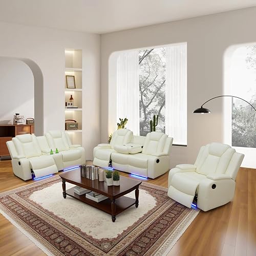 Juego de sofá reclinable eléctrico para sala de estar, sofás reclinables de cuero blanco crema con puerto USB, sofá de cuero con sillón reclinable