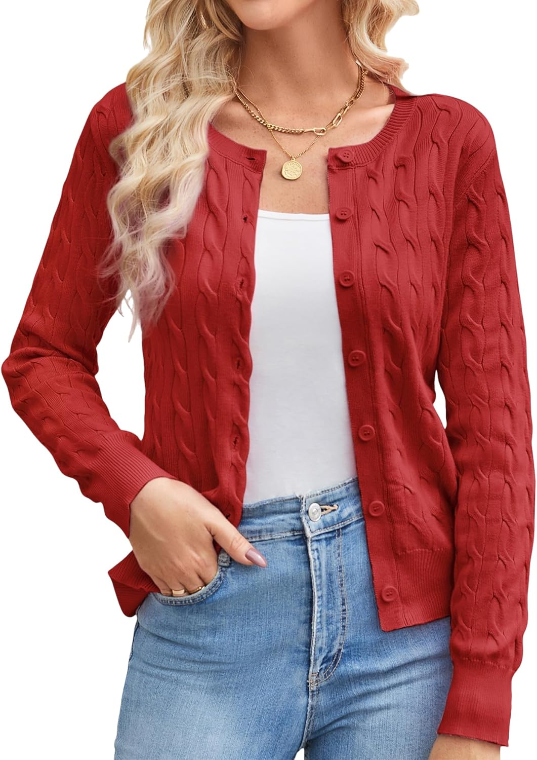 GRACE KARIN Womens Long Sleeve Button Up Cable Knit Cardigan Lightweight 2026 Crewneck Button Down Sweaters for Women