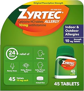 Zyrtec 24 Hour Allergy Relief Tablets, Indoor & Outdoor Anti Allergy Medicine with 10 mg Cetirizine HCl per Antihistamine Tablet, Relief from Runny Nose, Sneezing, Itchy Eyes & More, 45 ct