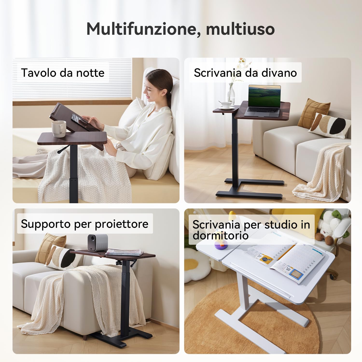 SIHOO D01 tavolino da letto-Scrivania Regolabile Altezza con Ruote,Comodini camera,Sistema Pneumatico, Montaggio Rapido e Qualità Eccellente per Casa/Ospedale (Legno di noce scuro)