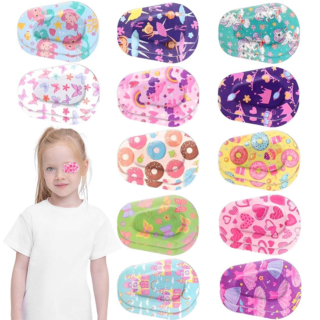 24 Pezzi Bende Oculari per Bambini,Benda Occhio Pigro Bambini,Benda Adesiva Sull'Occhio per Bambini Benda Adesiva in Cotone per Bloccare la Luce Estiva per Bambini(12 Stili/Coloré)