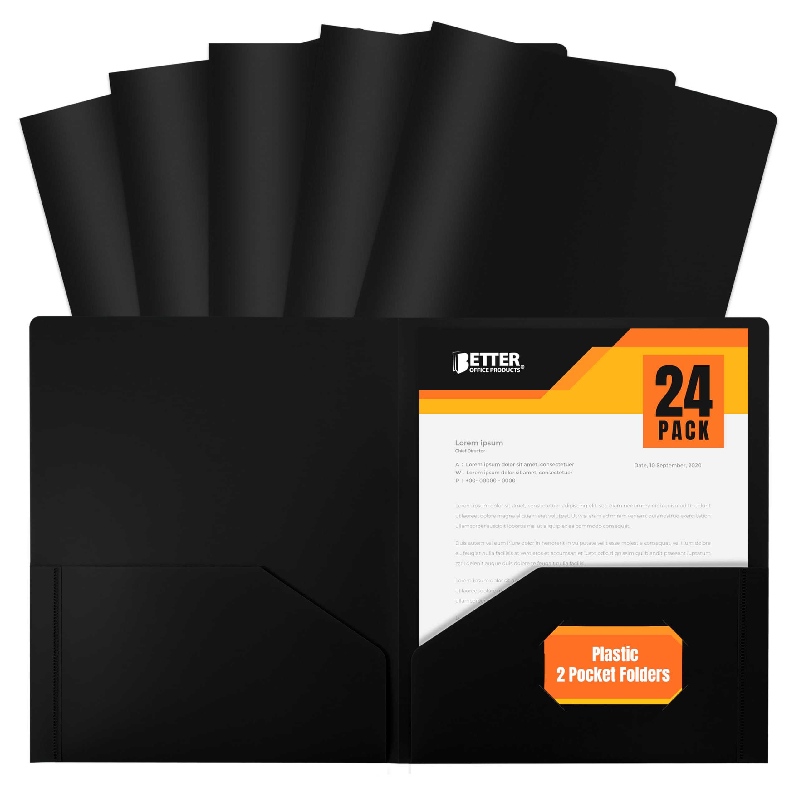 Better Office Products Heavyweight Black Plastic 2 Pocket Portfolio Folder, Letter Size Poly Folders by , 24 Pack, Black