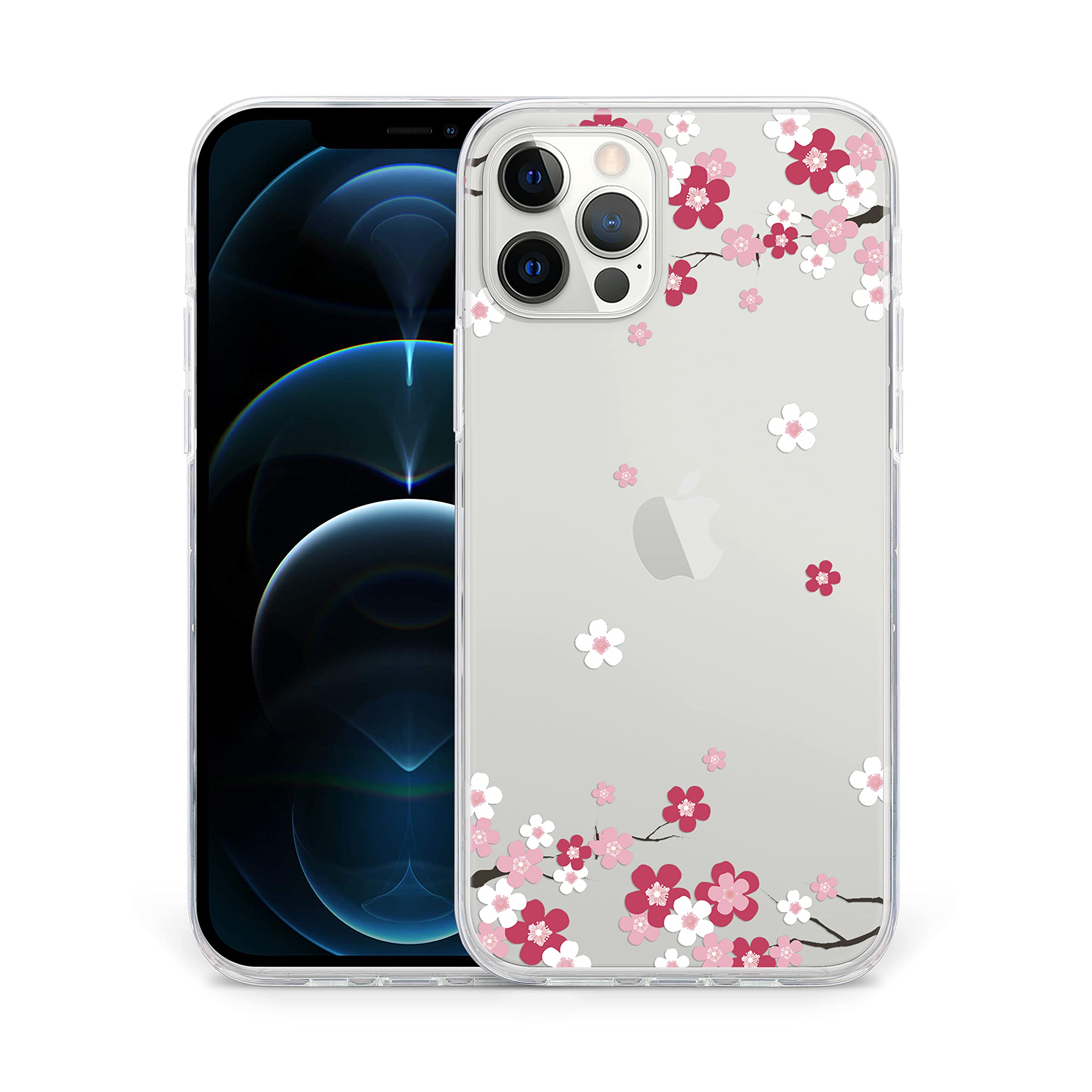Sephonie Cherry Blossom Flower Case for iPhone 12/12 Pro (6.1"), Sakura Floral Pattern Clear Slim Girly Design, Protective Hard PC Back with