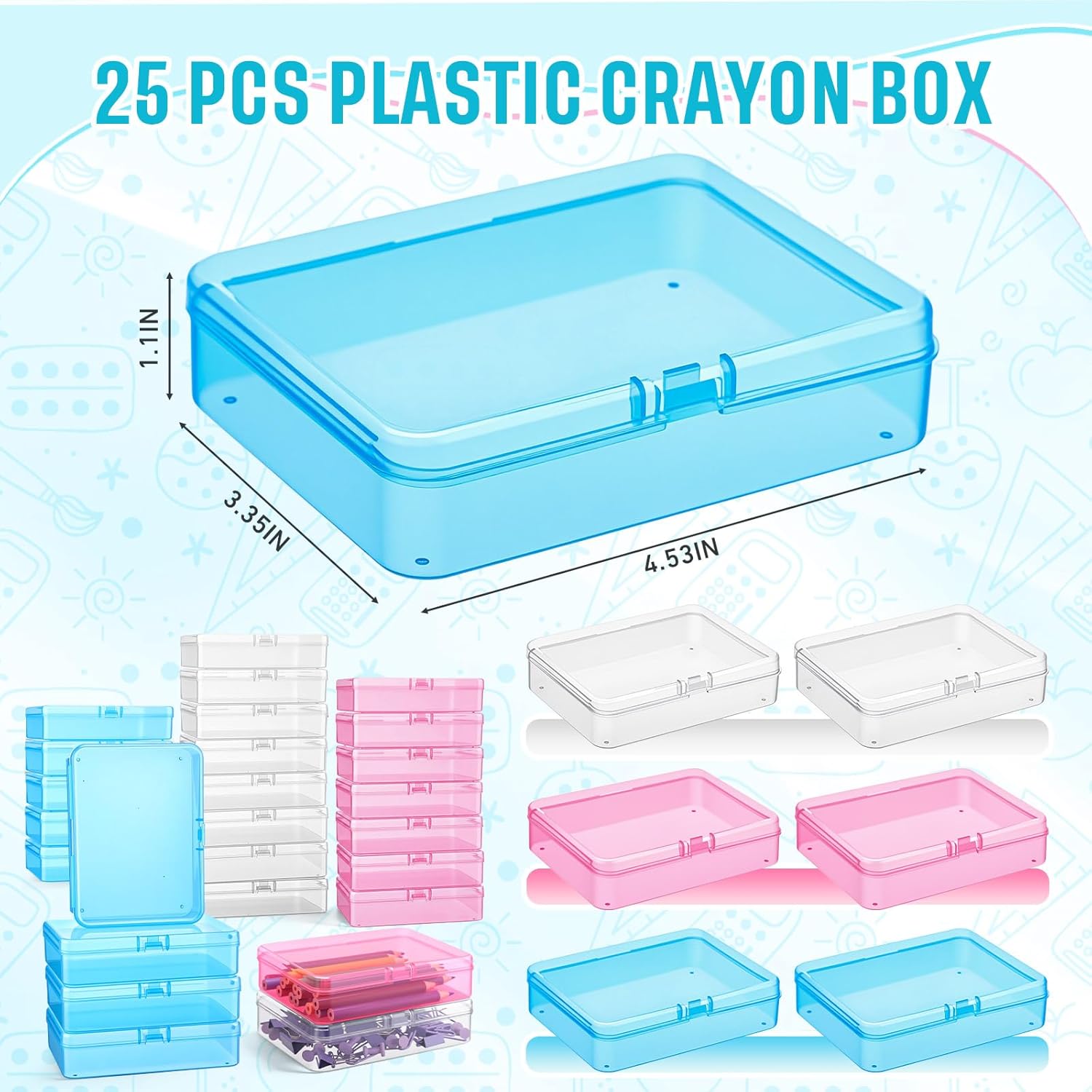 Dunzoom 25 Pcs Plastic Crayon Boxes with Lids, 4.53 x 3.35 x 1.1 Inches Stackable Small Storage Organizer Containers Crayon Pencil Case for Art Crafts Jewelry Beads Office Supplies(Multicolor)