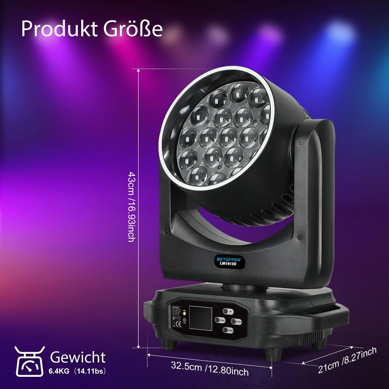 Betopprt 19x15W Moving Head LED Mit Lichtstreifeneffekt 4 in1 Bühnenlicht | RGBW DJ Party Lichter Musik Beam Wash Strobe Bühnenbeleuchtung RDM & DMX Control Stage Lighting Bühnen Club Wedding