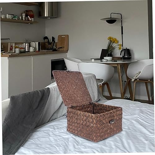 Miniatura 2 de STOBAZA Caja de almacenamiento tejida a mano, cesta decorativa de ratán, cesta de almacenamiento de pastos marinos, cesta de mimbre con tapa, cesta