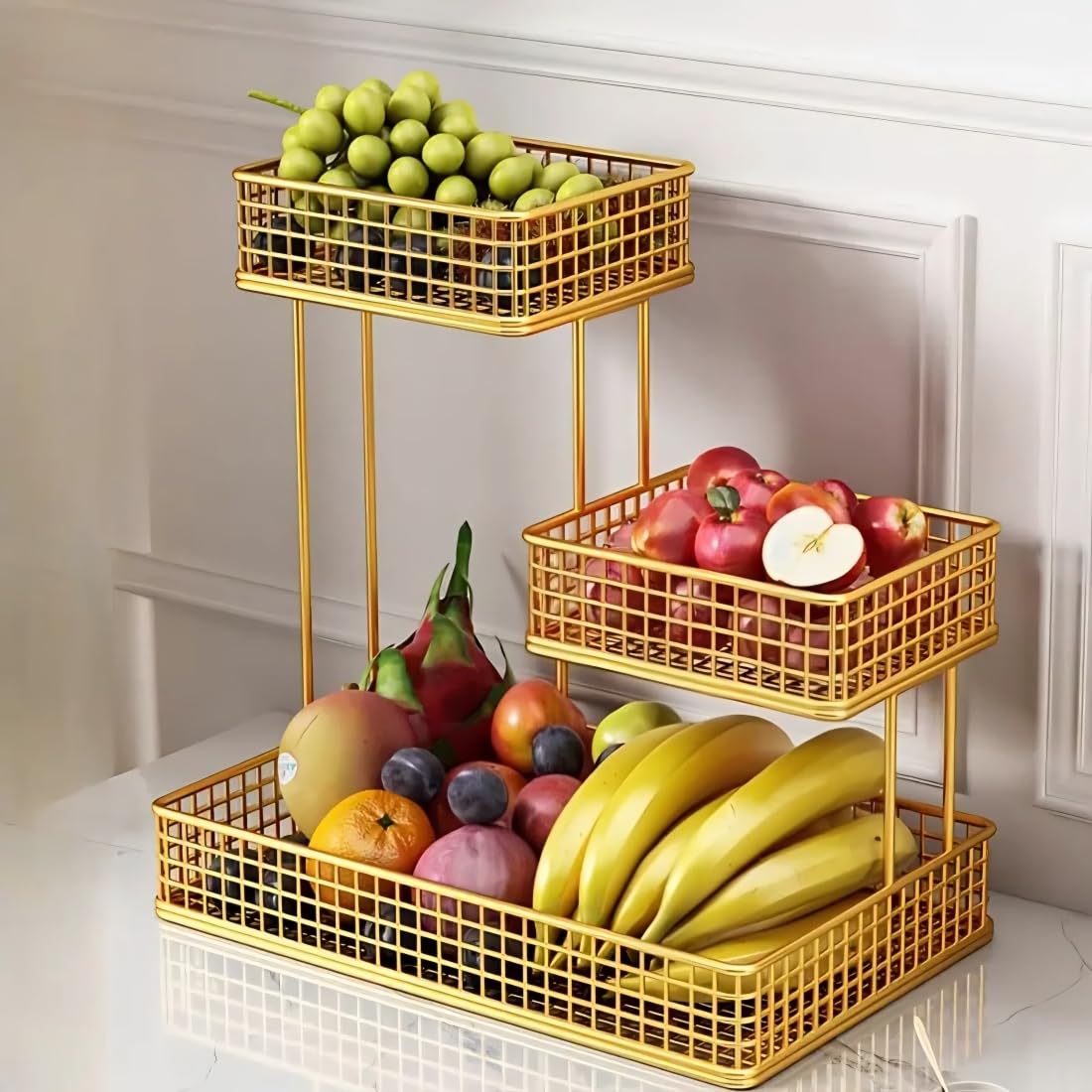 PRIME KRAFTS 3 Tier Fruit Basket Bowl for Kitchen Counter | Countertop Storage Organizer for Home and Kitchen (Gold)