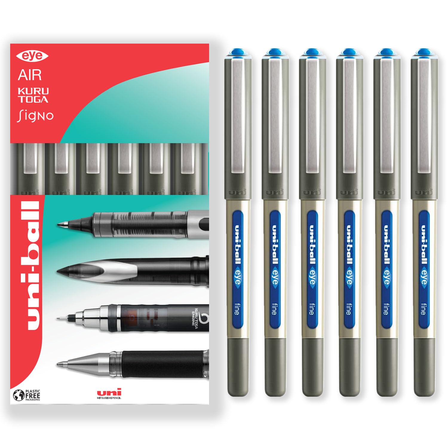 uni-ball EYE - UB-157 Rollerball Pens - 0.7mm Nib - In Gift Box Packaging (Pack of 6, Light Blue)