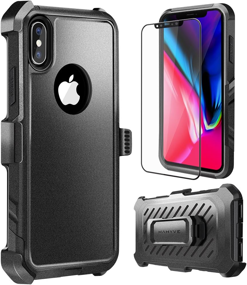 iPhone X Case, MAHYVE [Dust-Proof] Belt-Clip Heavy Duty Kickstand Cover [Shockproof] Light Rugged Armor PC+TPU Shell with Tempered Screen Protector for Apple iPhone X (Black)