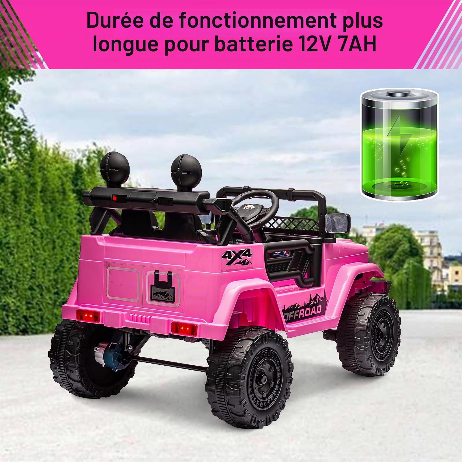 Voiture Électrique Enfant 12V, Quad Électrique pour Enfant, Suspension à Ressort, Ceinture De Sécurité, Lumières LED, sans Fil, MP3/USB/TF, 3 Vitesses, 3-8 Ans, Rose