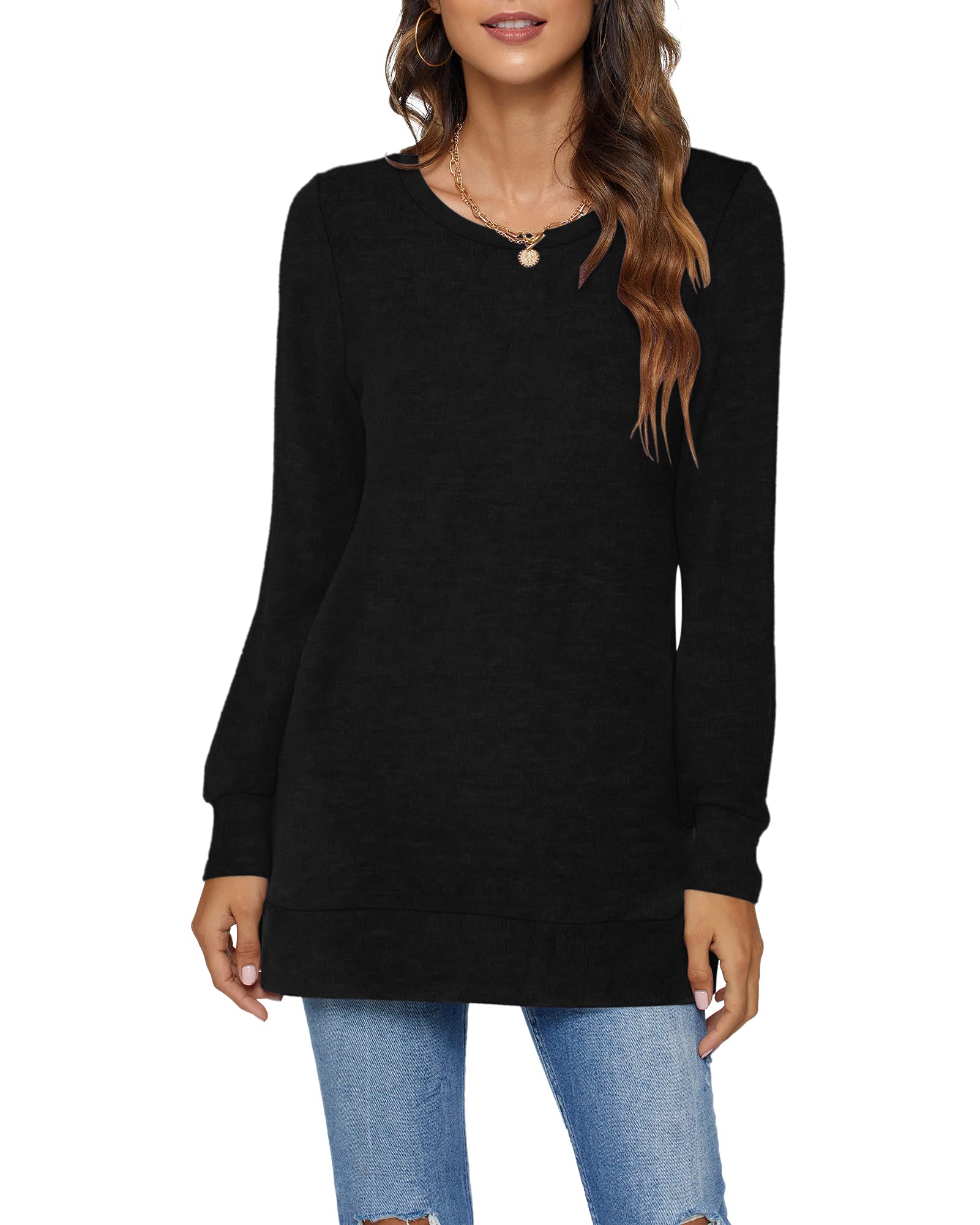 Photo 1 of AUSELILY Long Sleeve Pullover Sweaters Tunic Tops for Women Side Split Lightweight Tops Black L