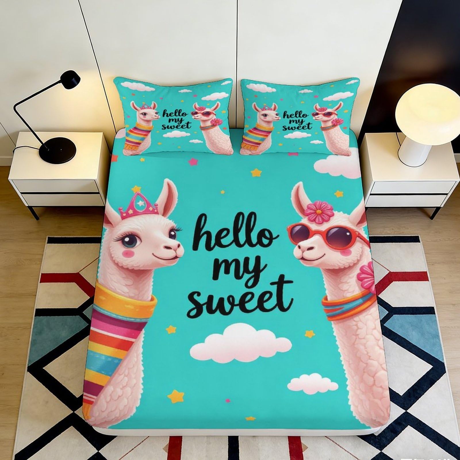 3D Printed Cute Llama Fitted Sheet Microfiber Soft Breathable Fun Alpaca Bed Cover for Bedroom Dorm Decor 90x200x25cm