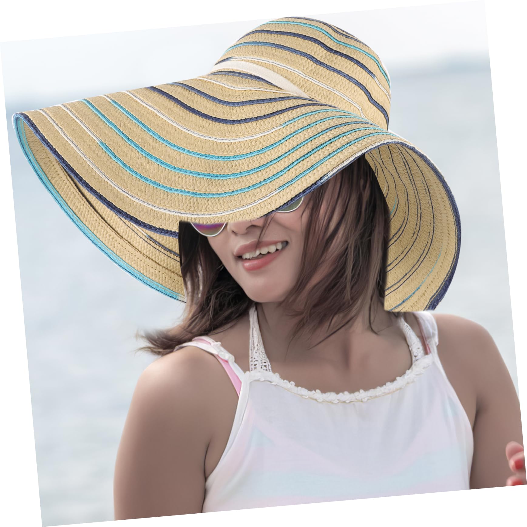 VANZACK Faltbarer Damen Strohhut mit Extra Breiter Krempe Sonnenschutz Sommerhut für Strand Freizeit Handgemachter Atmungsaktiver Sonnenhut Beige Krempe