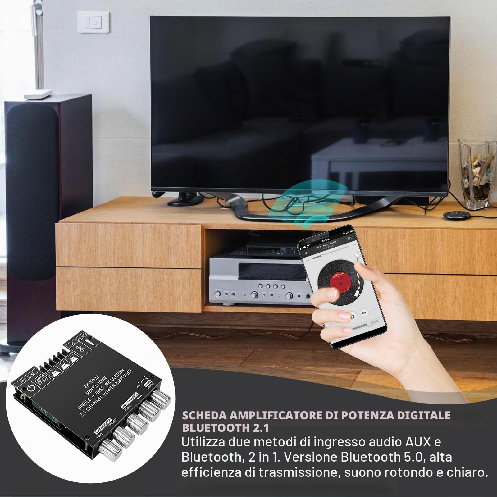 Amplifier Module TPA3116D2, 2.1 Audio Amplifier Board Bluetooth HiFi, Mini Amp Platine DC 12-24 V con ingressi Bluetooth e AUX