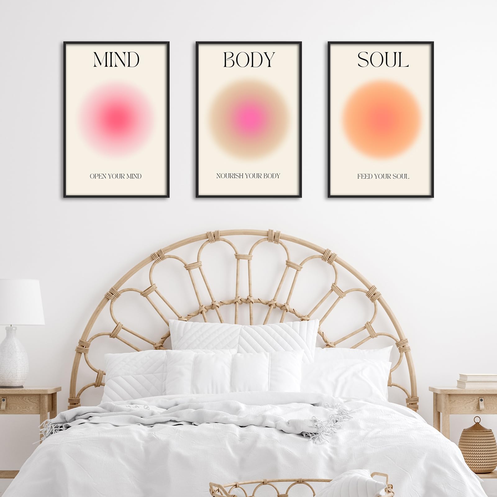 Adyggefy - Pósteres estéticos de auras con energía positiva, 3 piezas, lienzo colorido espiritual, alma, cuerpo, mente, cita, pintura danesa pastel, decoración de pared para yoga, marco aluminio negro