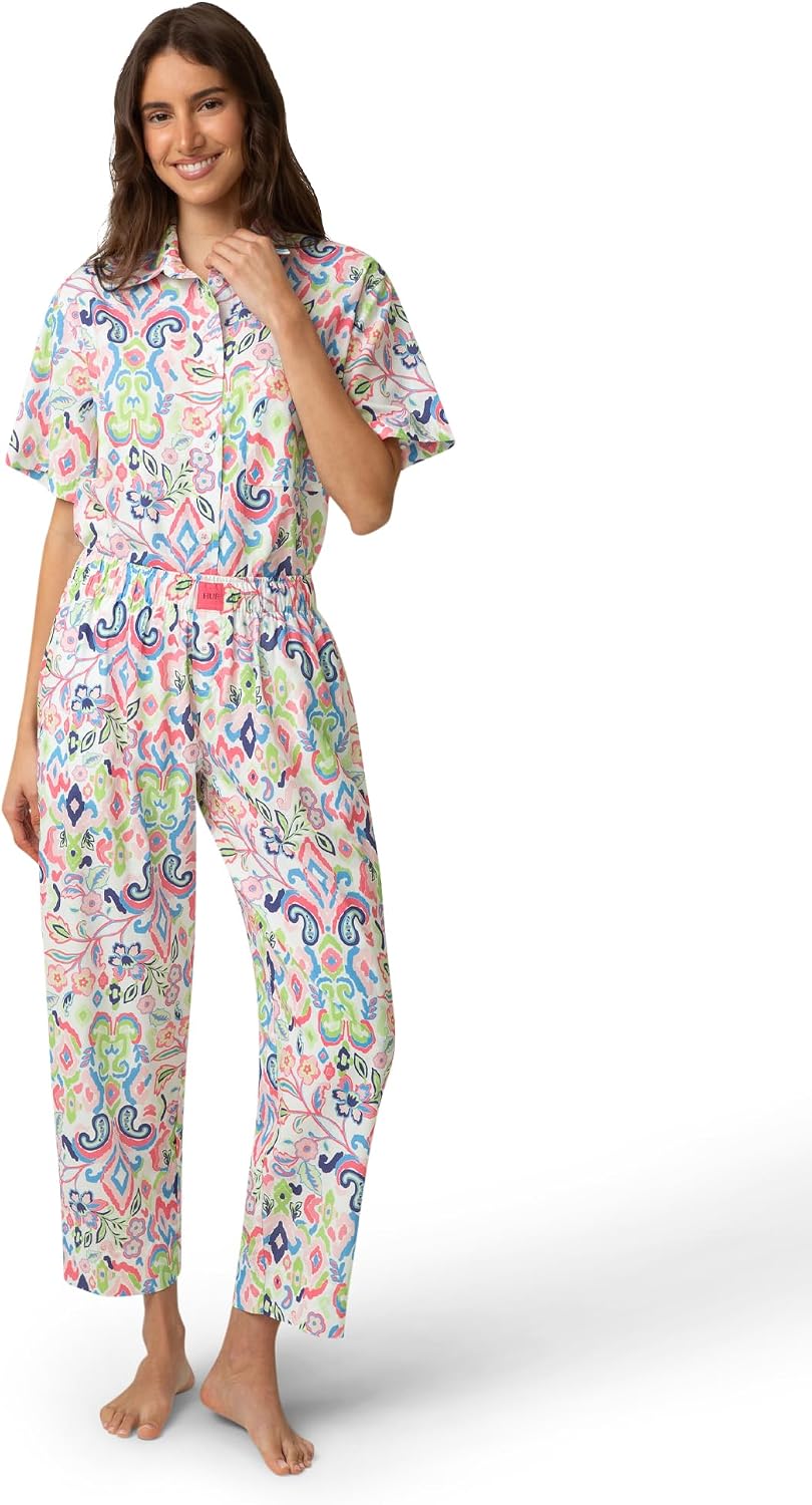 HUE Women's Poplin Pajama Separates Short Sleeve Collared Shirt Boxer Shorts Long Pants