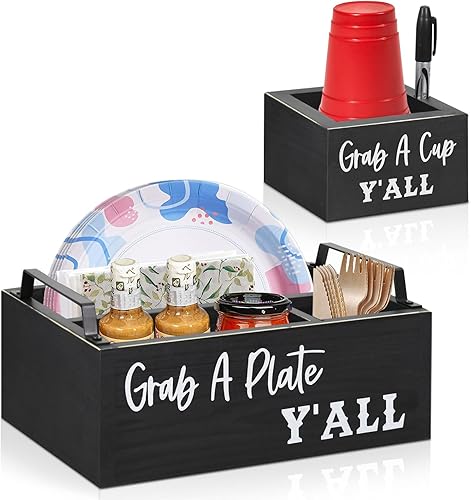 Soportes de papel para encimera de cocina, organizador de utensilios de madera con soporte grande para tazas, organizador de platos de papel