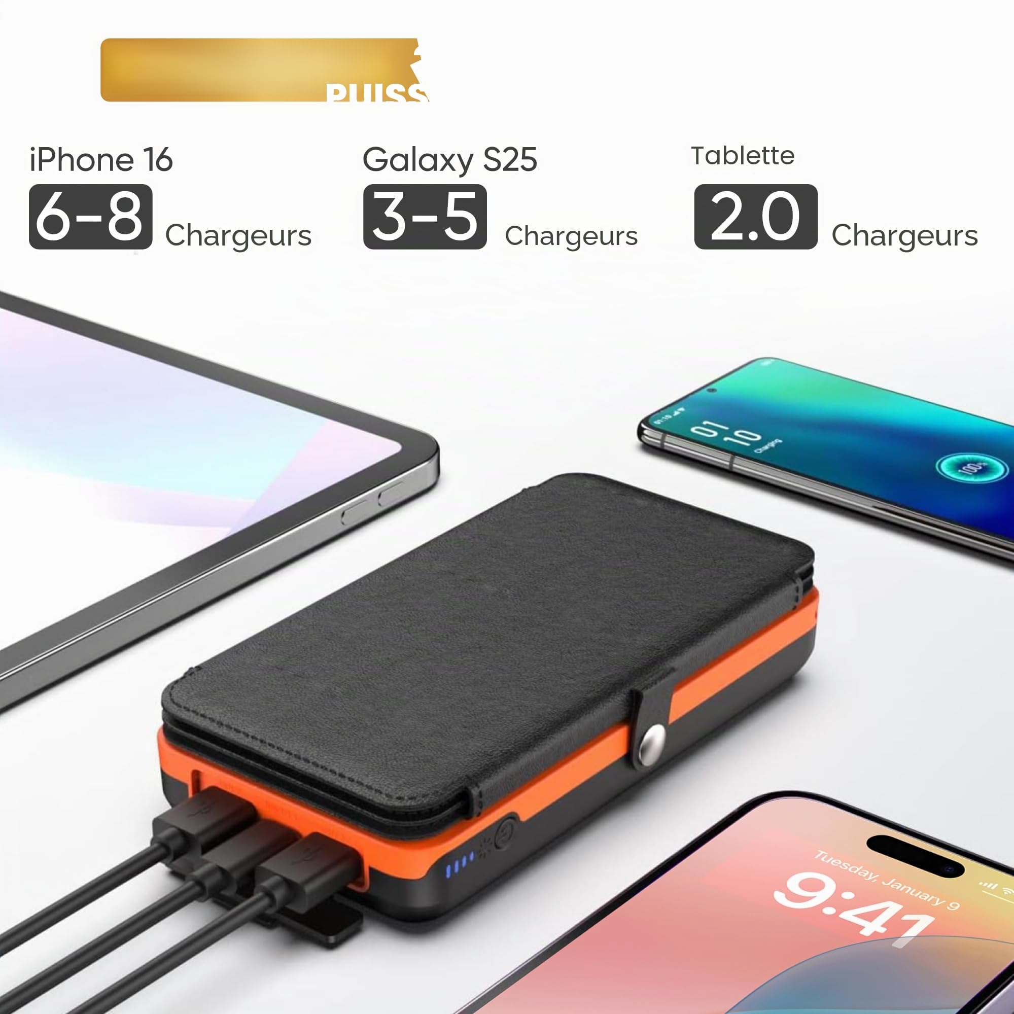 Chargeur solaire pour téléphone portable 27 000 mAh avec 4 panneaux solaires pliables | Power Bank solaire portable USB-C 22,5 W, lampe torche LED SOS, batterie externe IP66 | Idéal pour les